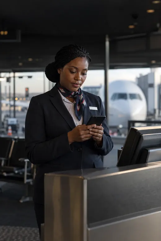 A boarding gate agent reading a short training lesson on her phone at a quiet departure gate